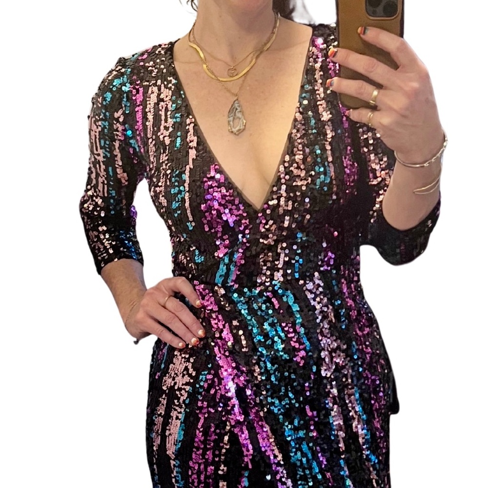 👗 NWT Midi DRESS | AQUA Sequin Faux Wrap COCKTAIL | Size XS & S | $60 +70%off!)